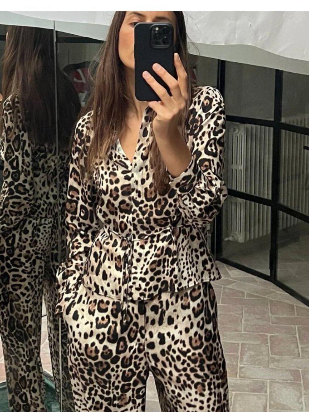 Zara Leopard-Print Tie-Waist Button-Down Blouse - Brown/Black/Cream